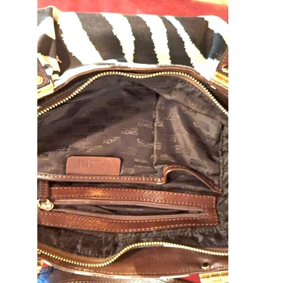 Michael Kors Zebra Print Canvas Leather Trim & Gold Tone Hinged Shoulder Straps - Picture 8 of 10